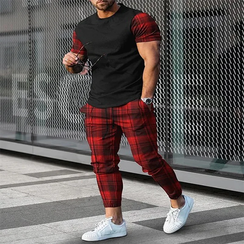 2023 Summer Men's New Extra Large 3D Striped Checkered T-shirt+Pants Two Piece Fashion Casual Street Sportswear Europe