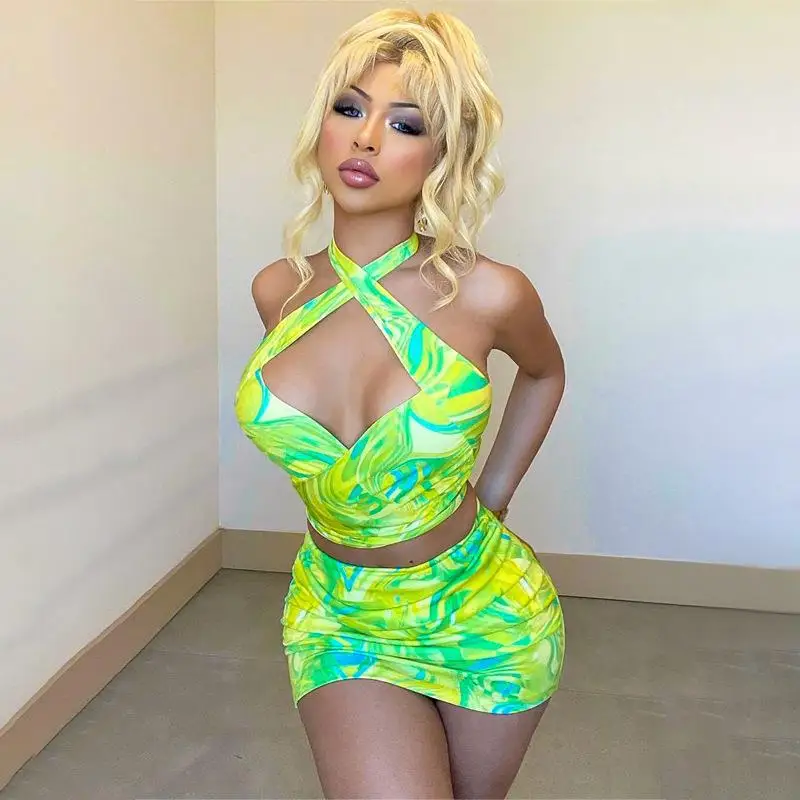 

Y2K Clothes 2 Piece Set Sleeveless Backless fashion printing Top Slim neck hanging skirt summer Club party sexy dress tie-dyed