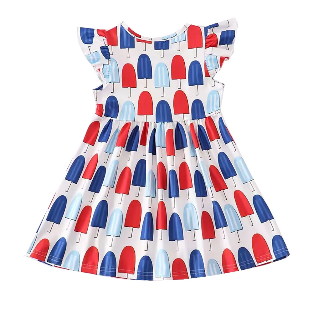 

Wholesale Toddler Girls 4th of July Clothing Pearl Sleeves Popsicle Fireworks Stars Stripes Girls Dress