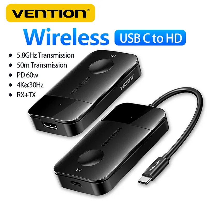 Передатчик Vention USB-C к HDMI Адаптер беспроводного приемника 5 ГГц 4K 60 Вт PD Type C для iPhone