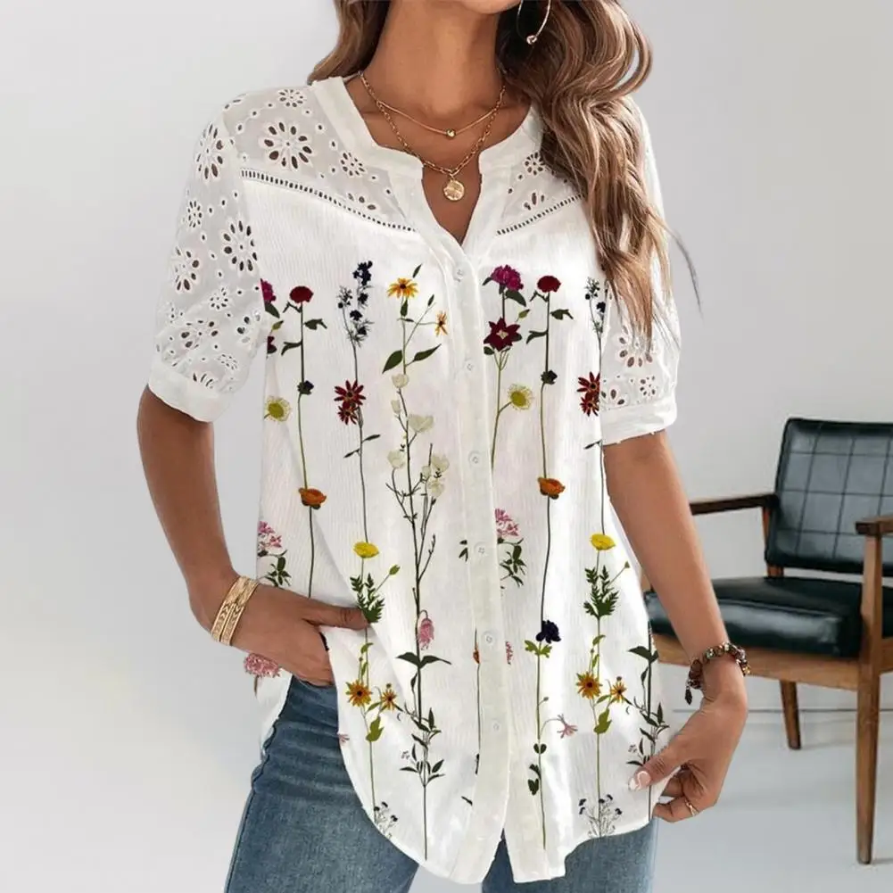 

Women Shirt V-neck Short Sleeve Lady Tops Hollow Lace Stitching Single-breasted Casual Shirt Summer Floral Print Loose Shirt