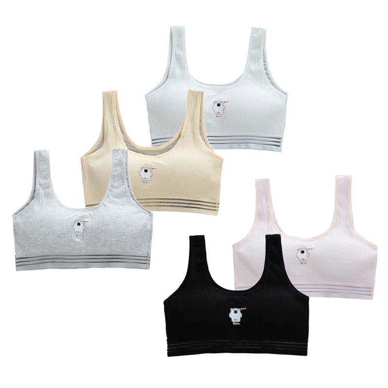 

Young Girls Sport Training Bra Cartoon Bear Ribbed Bralette Mesh Padded Crop Top