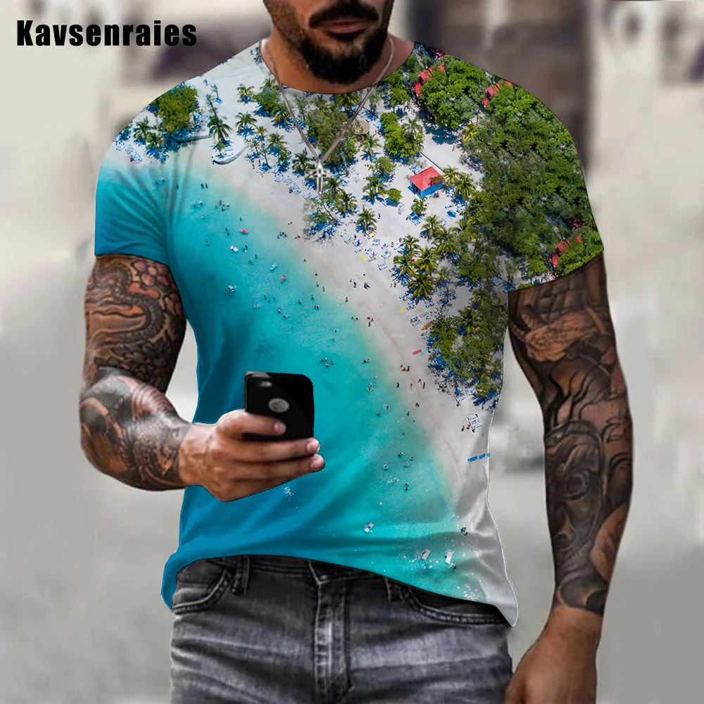 

2022 High Quality Island Print Beach Short Sleeve Casual Tops Palm Tree Summer T Shirt Men Women Streetwear Oversized Tshirt