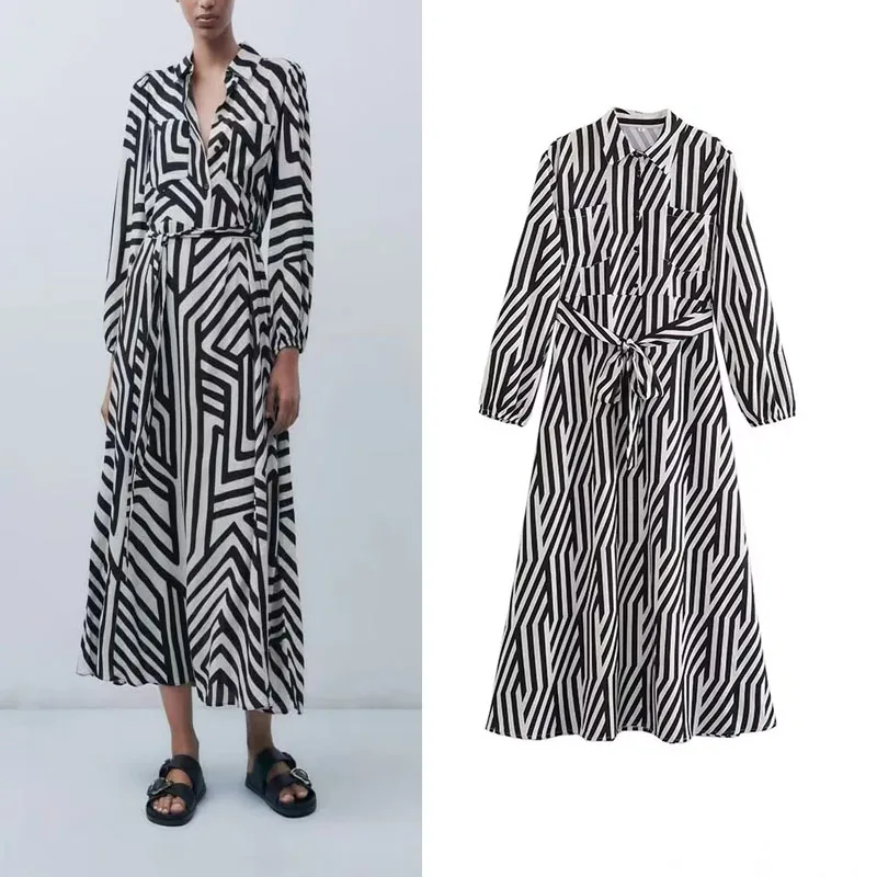 

Платье женское средней длины в полоску, с длинным рукавом и воротником с лацканами