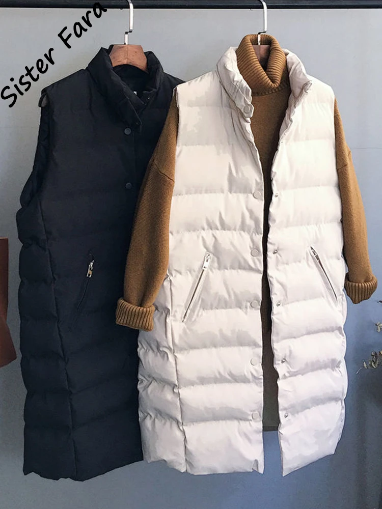 

Sister Fara Women's Solid Loose Vest Stand Collar Long Vest Autumn Winter Bodywarm Cotton Padded Women Windproof Warm Waistcoat