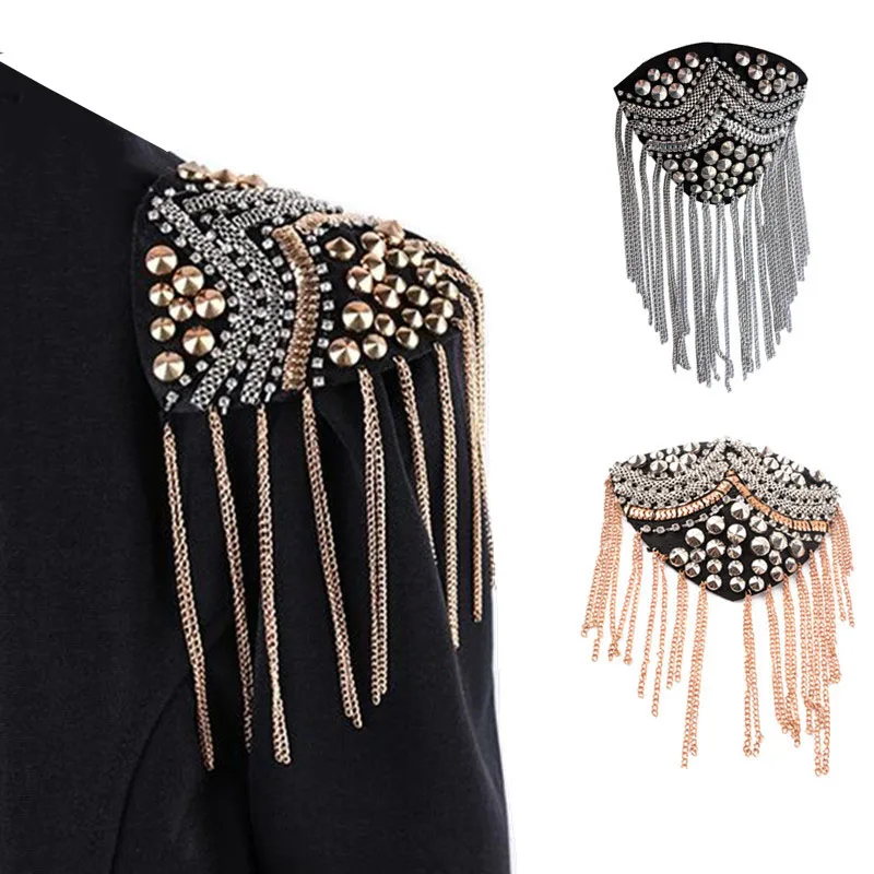 

Tassel Epaulet Brooch 2pcs Vintage Rivet Rhinestone Handmade Epaulette Clothes Decor for Women Men Fashion Shoulder Jewelry