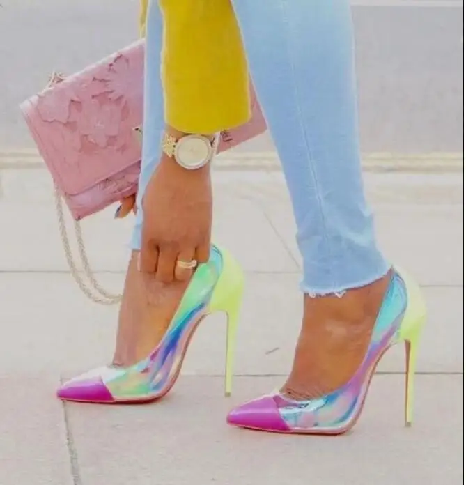 

Sexy Iridescent PVC Women Pumps Pointed Toe Patent Leather Stiletto Heels Patchwork Wedding Shoes Bride Neon Yellow Heels Pumps