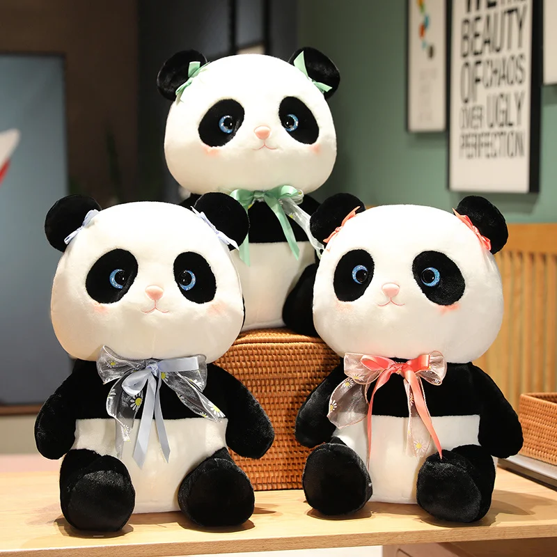 

25/38/48cm Cute Black White Panda Plush Toys Fashion Flower Bow Tie Giant Panda Stuffed Animal Kawaii Dolls Pillow for Kids Gift