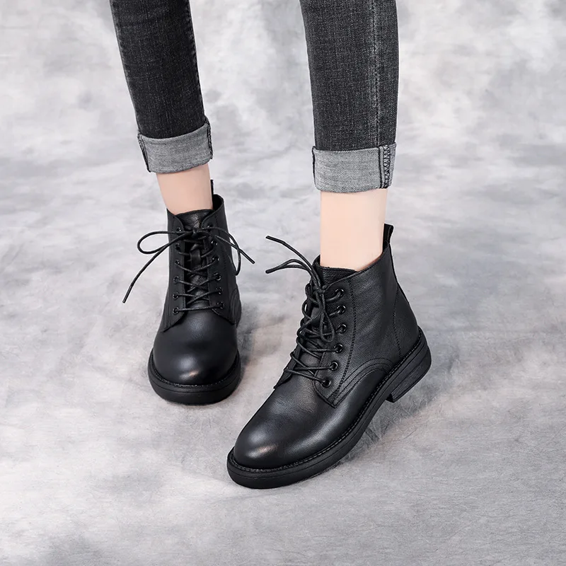 

Leather Boots Women's Headcoat Cowhide Autumn and Winter New British Women's Shoes Boots Lace up Round Toe Boots