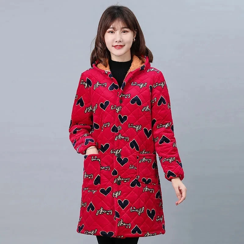 Parkas Women Plus Velvet Thick Middle-aged Elderly Mother Wear Long Padded Coat Female Large Size Hooded Warm Down Cotton Jacket