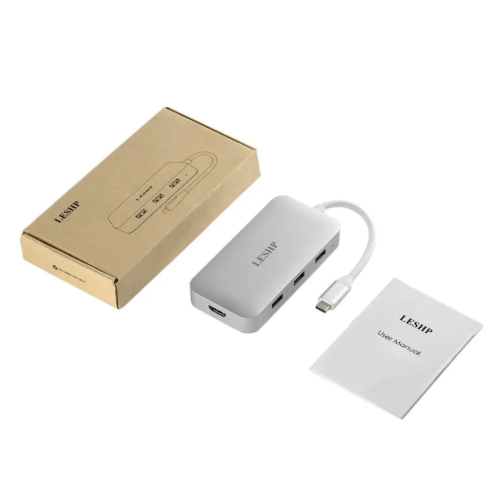

LESHP Aluminum White Type-c To USB-3.0 3 Port HUB RJ45 Gigabit HDMI-compatible 4K PD Charging Digital AV Converter Adapter
