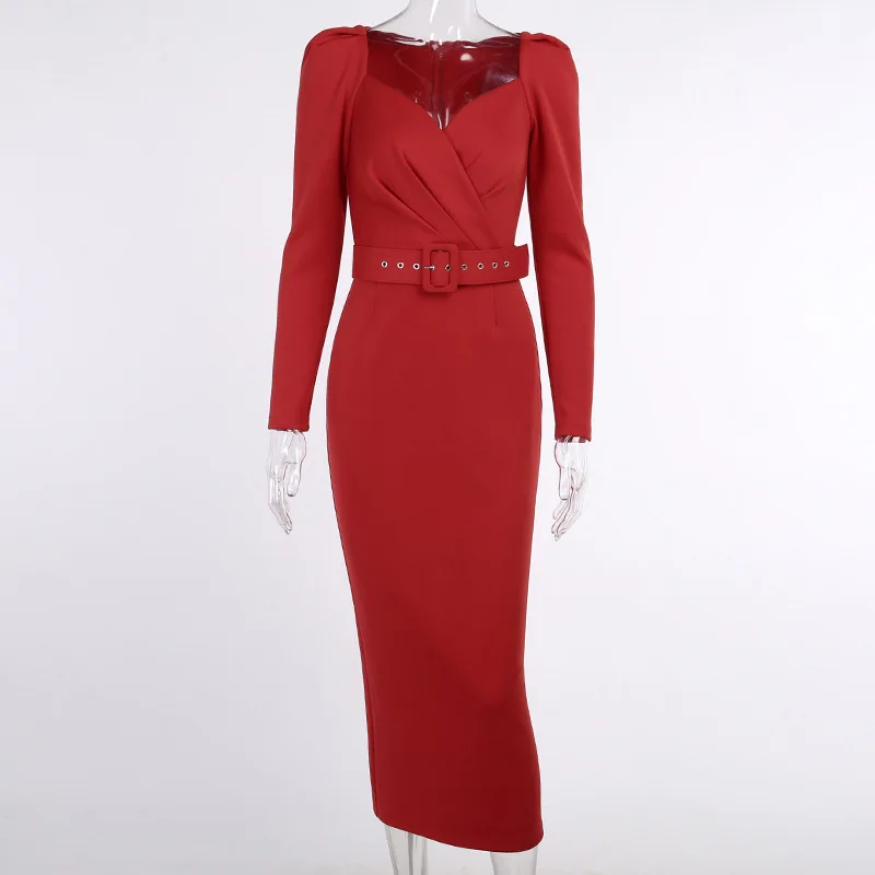 Elegant Party Women Dress Slim V Neck Long Sleeve Mid Calf Pencil Dress Casual Office Lady Solid Red Puff Sleeve Bridesmaid Dres