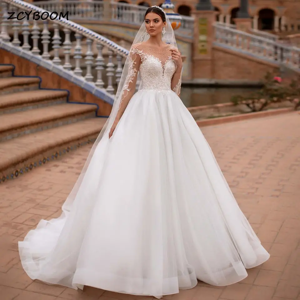 

2023 Romantic Scoop Neck Button A-Line Wedding Dress Luxury Beading Illusion Long Sleeves Princess Bridal Gowns Vestido De Noiva