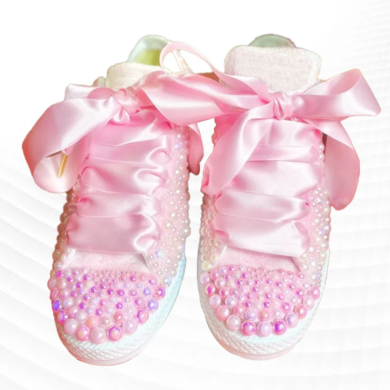 

Pink low-top canvas shoes stitching pearl ribbon street shooting comfortable handmade pearl vulcanized shoes 35-41