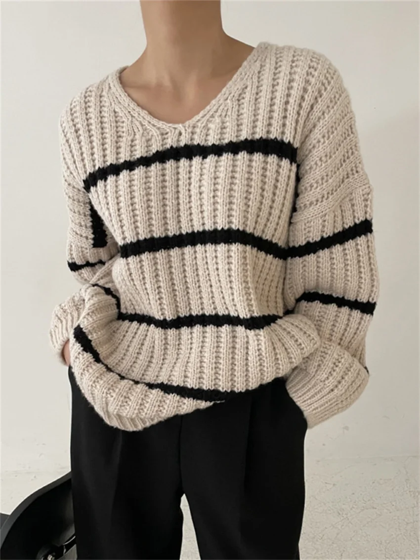 

HziriP Oversize Women Jumpers Stripes Lazy Style Autumn OL 2022 Casual All Match Loose New Office Lady Knitted Mujer Sweaters