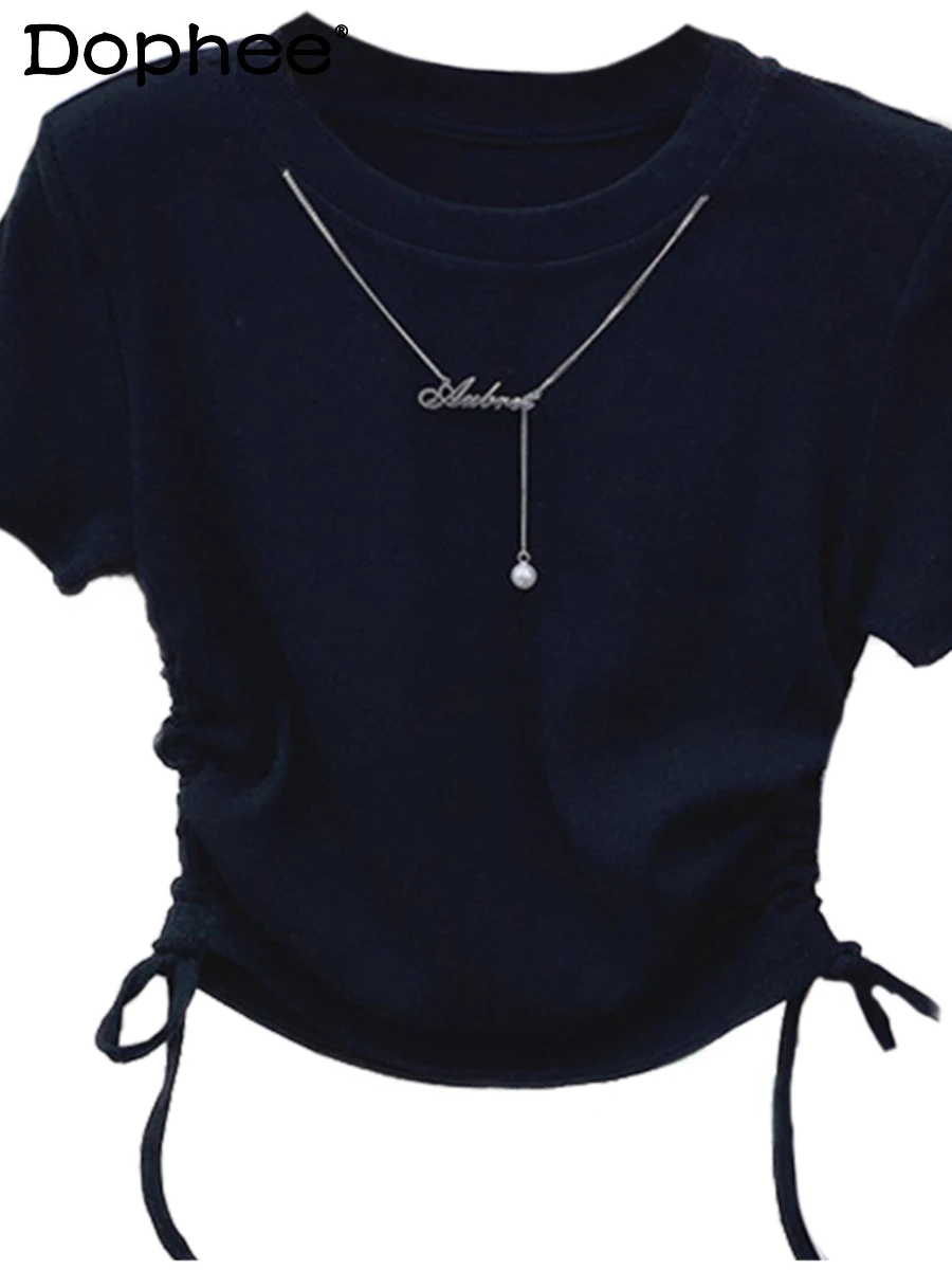 

Heavy Chain Hot Girl Jazz Dance Slim T-shirt Women Crop Top 2022 Summer Clothes Sweet Slimming Black Short-Sleeved Tshirt Female