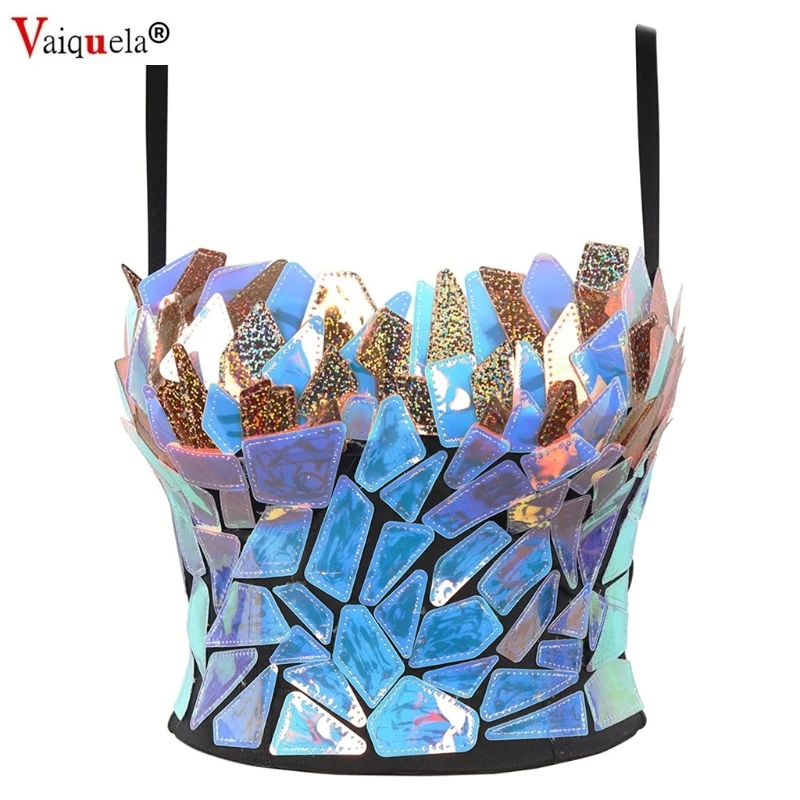 

Women Holographic Rainbow Sequins Bustier Bra Spaghetti Strap Corset Camisole Reflective Bralette Crop Top Women corset Clubwear