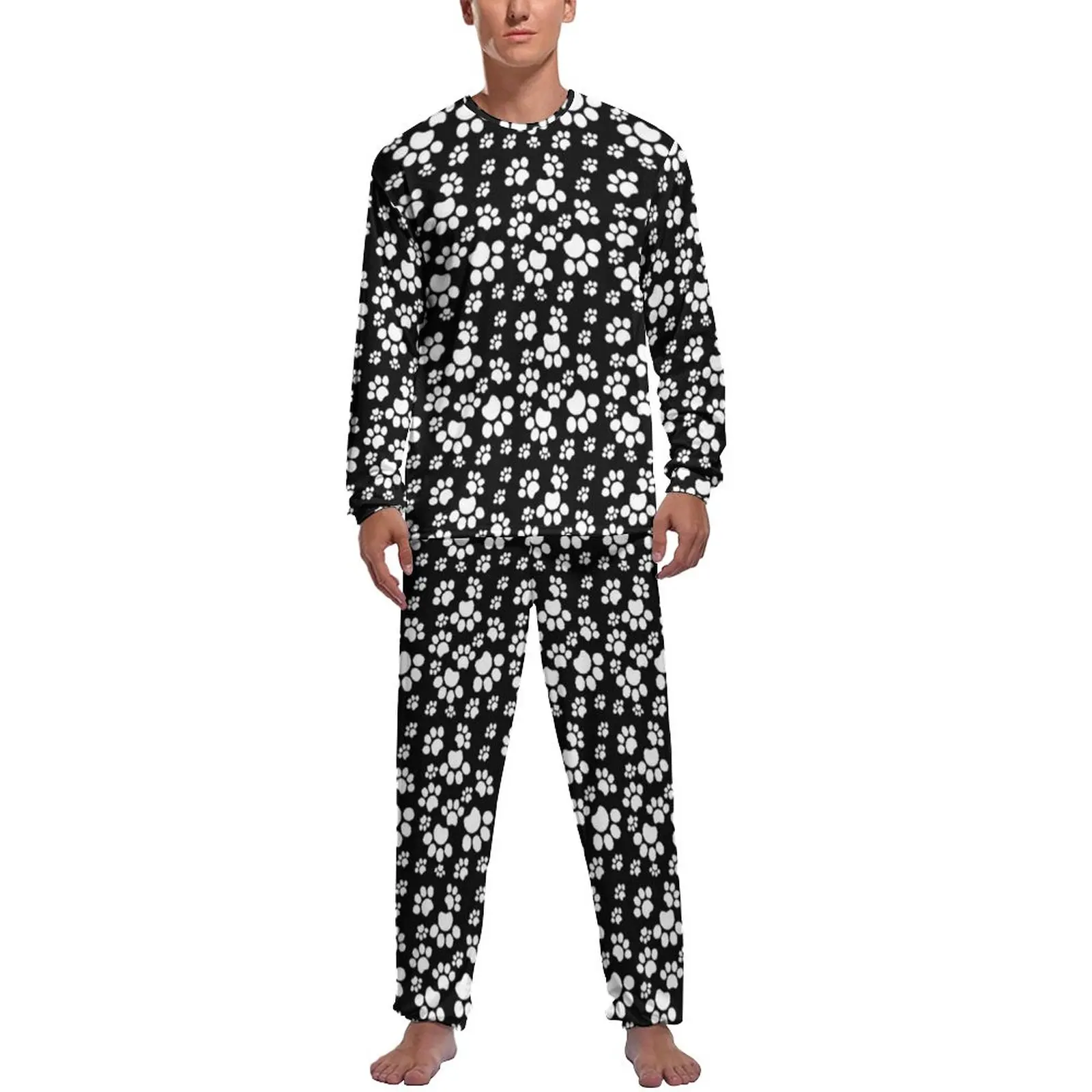 Cute Dog Paws Pajamas Long Sleeves Black And White 2 Pieces Home Pajamas Set Spring Men Graphic Cool Home Suit