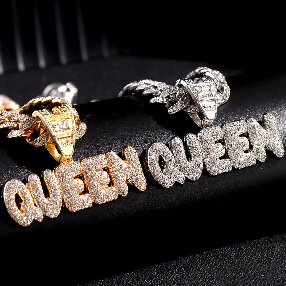 

Men Women Hip Hop Queen letter pendant Necklace with 13mm Miami Cuban Chain Iced Out Bling Hiphop Necklaces Fashion Jewelry