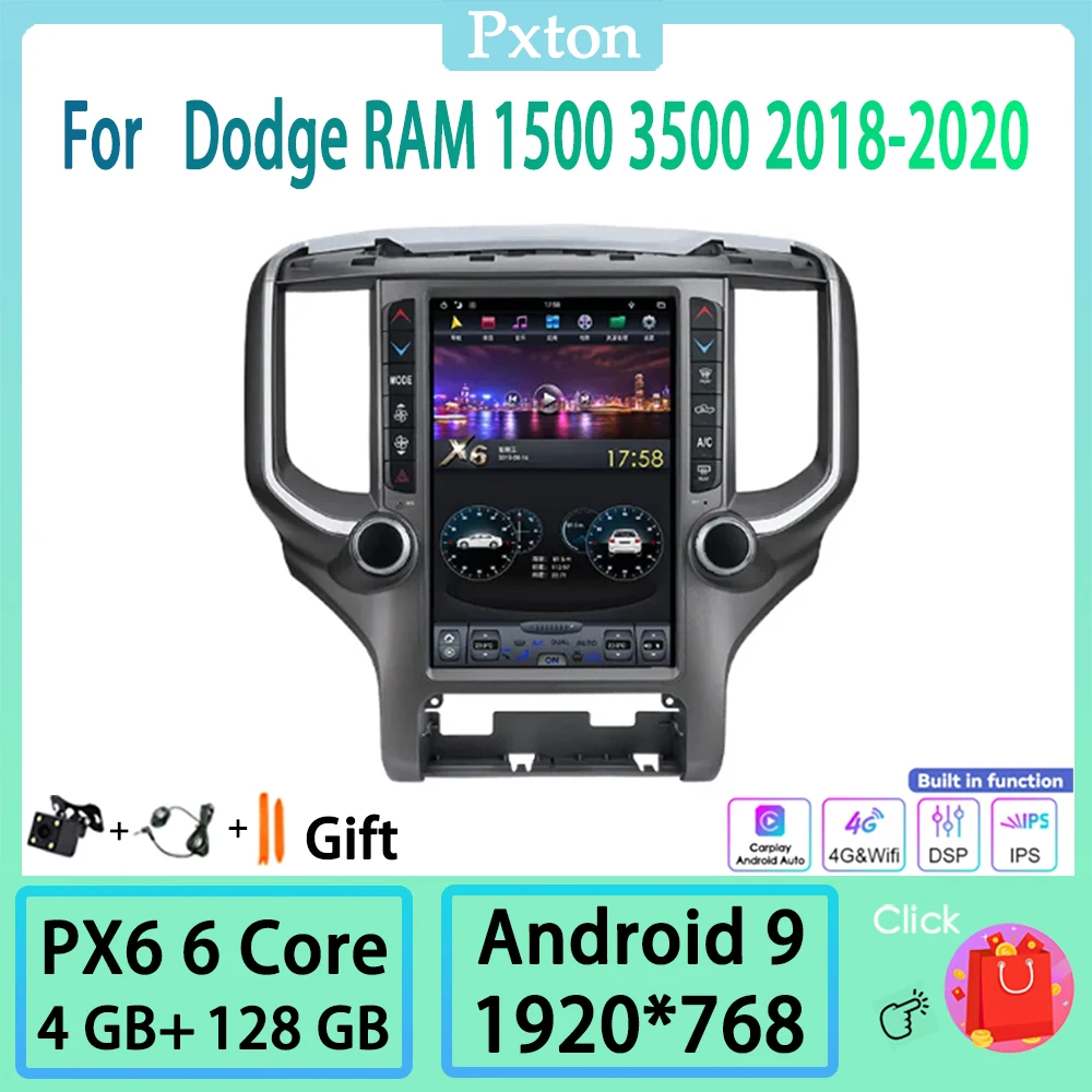 Pxton-reproductor Multimedia para coche, Radio estéreo con Android, pantalla Tesla, para Dodge RAM 1500, 3500, 2018-2020, Carplay, Android, PX6, 128G