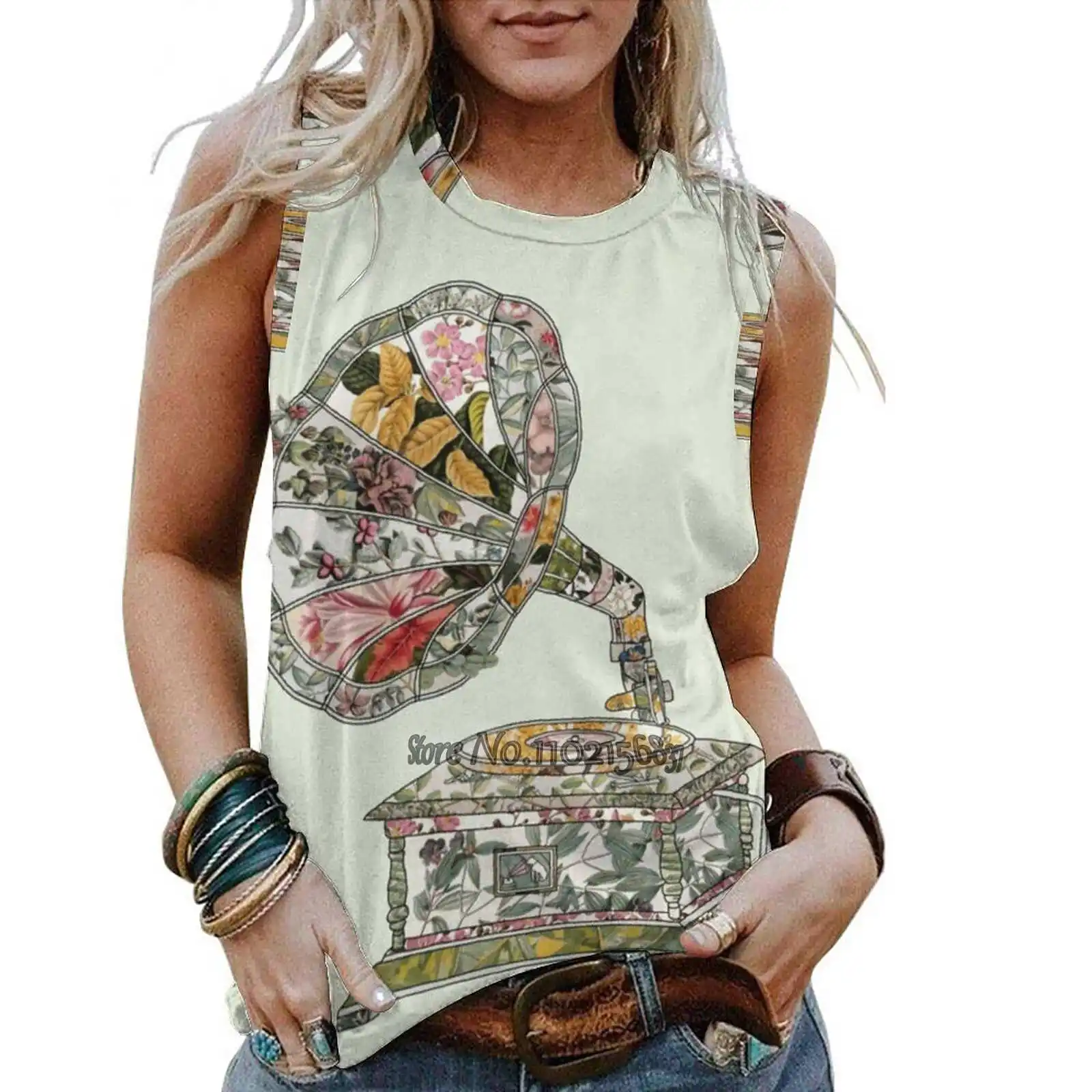 

Женская Винтажная Майка с принтом, свободная рубашка без рукавов с изображением ботанического звука, повседневные топы Y2K, жилет граммофона...