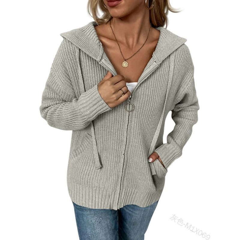 

Autumn Winter Knitting Coat Sweater Women Pocket Cardigan Zipper Hooded Jacket Women Long Sleeve Solid Loose Lace-Up Sweater