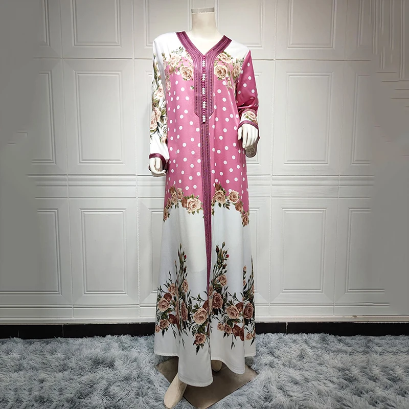 Ramadan Eid Mubarak Kaftan Dubai Printed Abaya For Women 2022 Long Sleeve Loose Floral Muslim Dress Arab Jilbab Abaya Turkey New