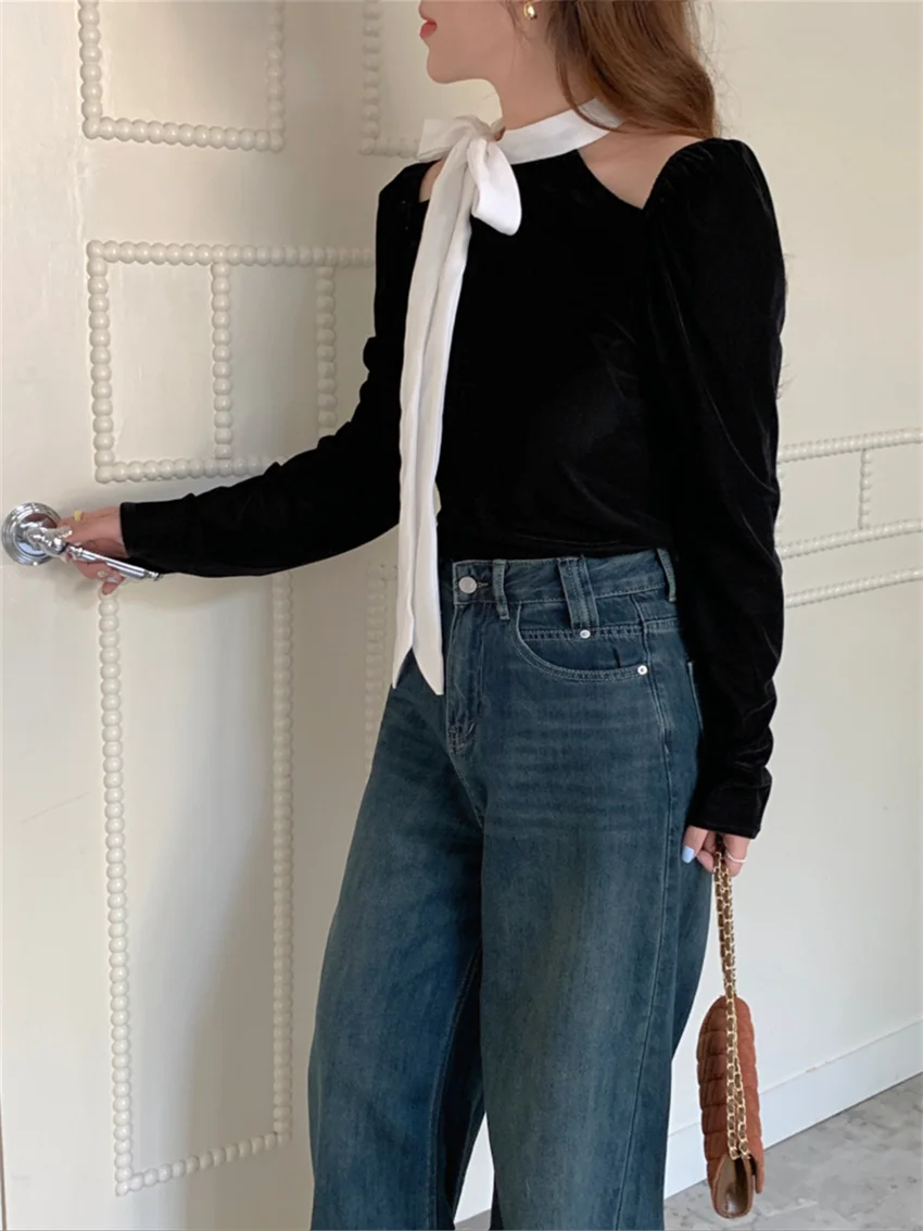 Черные блузки Alien Kitty женские свободные винтажные тонкие новые шикарные зимние с