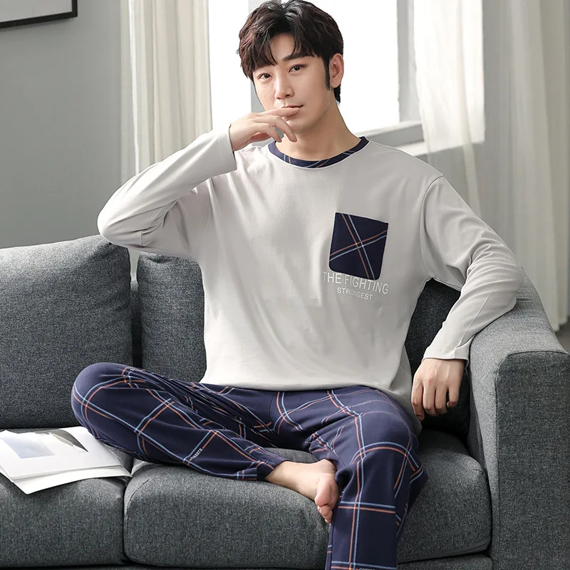 Pajamas Sets Men's Spring and Autumn Long Sleeved Trousers Simple Home Clothes Cotton Men's Large Autumn and Winter Casual Suits