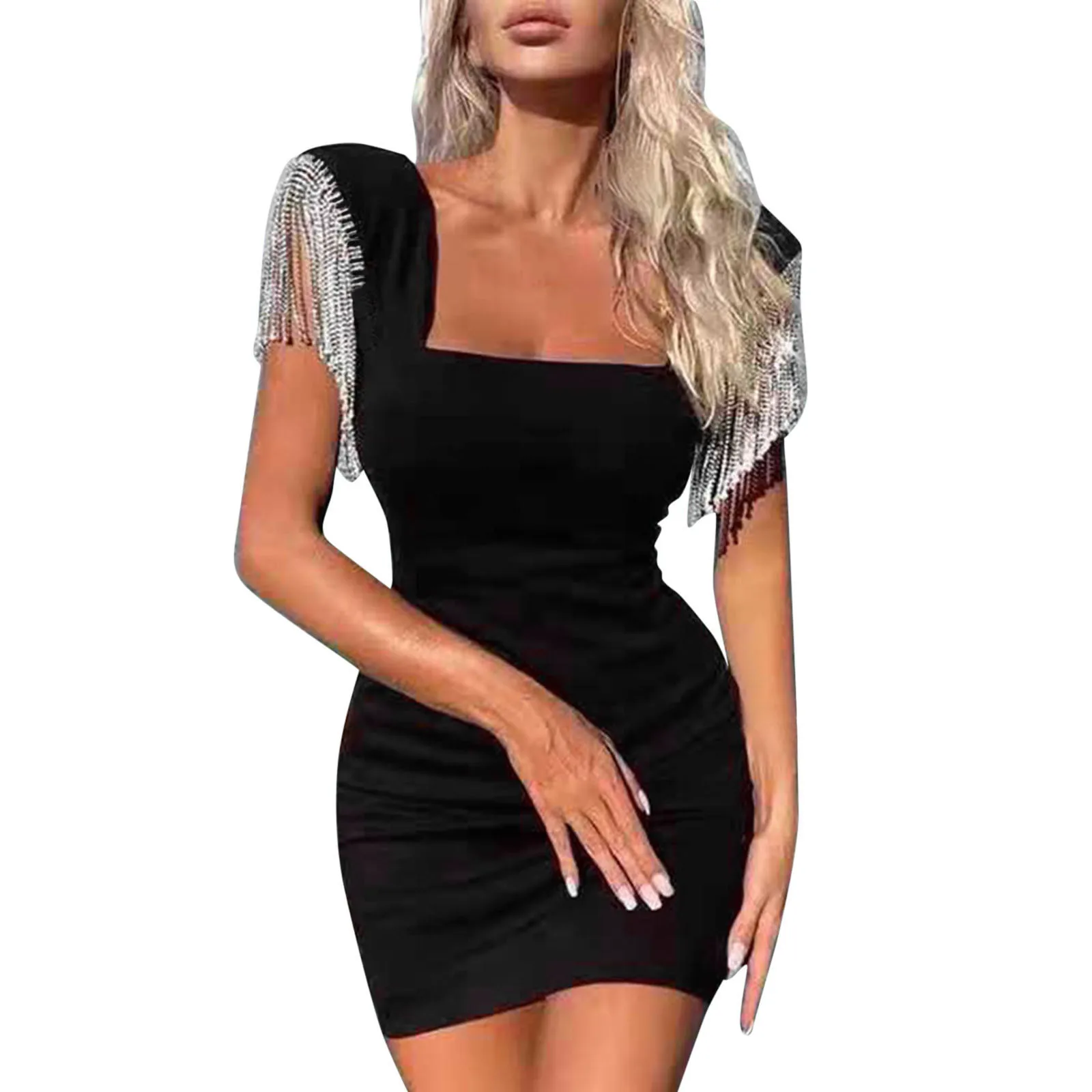 

Solid Women's Studded Dress Middle Sleeveless Nightclub Waist Diamond Women's Dress O Neck Fashion dress