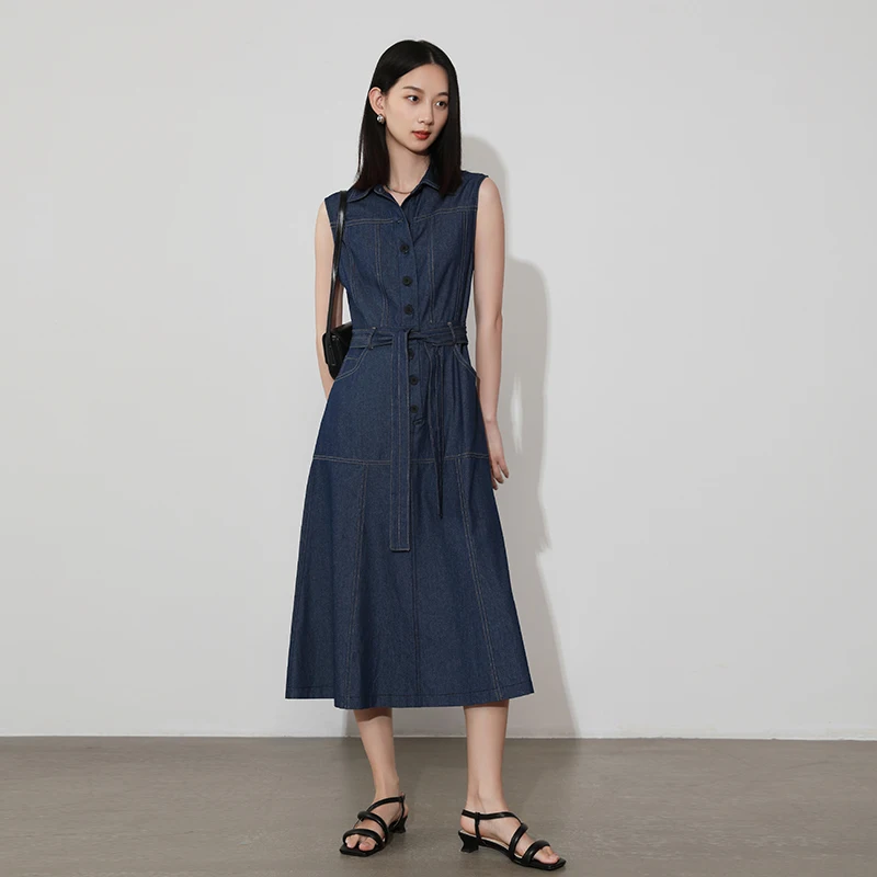 

2023 Summer New Fashion Retro Cotton Denim Waistless Sleeveless Tank Dress Simple Long Skirt Office Ladies Slim Women Clothing