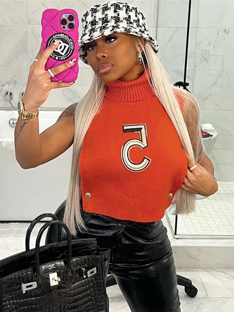 

Sibybo Fashion Embroidered Letter Women Tank Top Rib Knitted Turtleneck Loose Cropped Tops Femme High Street Sleelvess Vest Tee