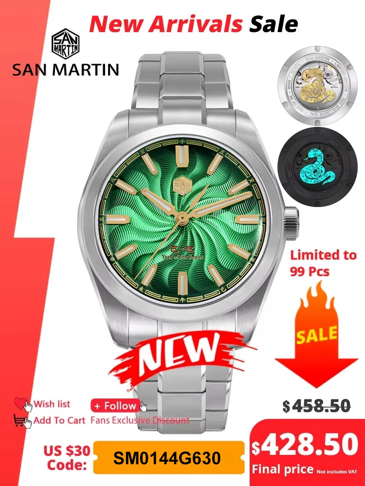 2025 San Martin 39 мм Роскошные мужские часы с гильошированным циферблатом змея