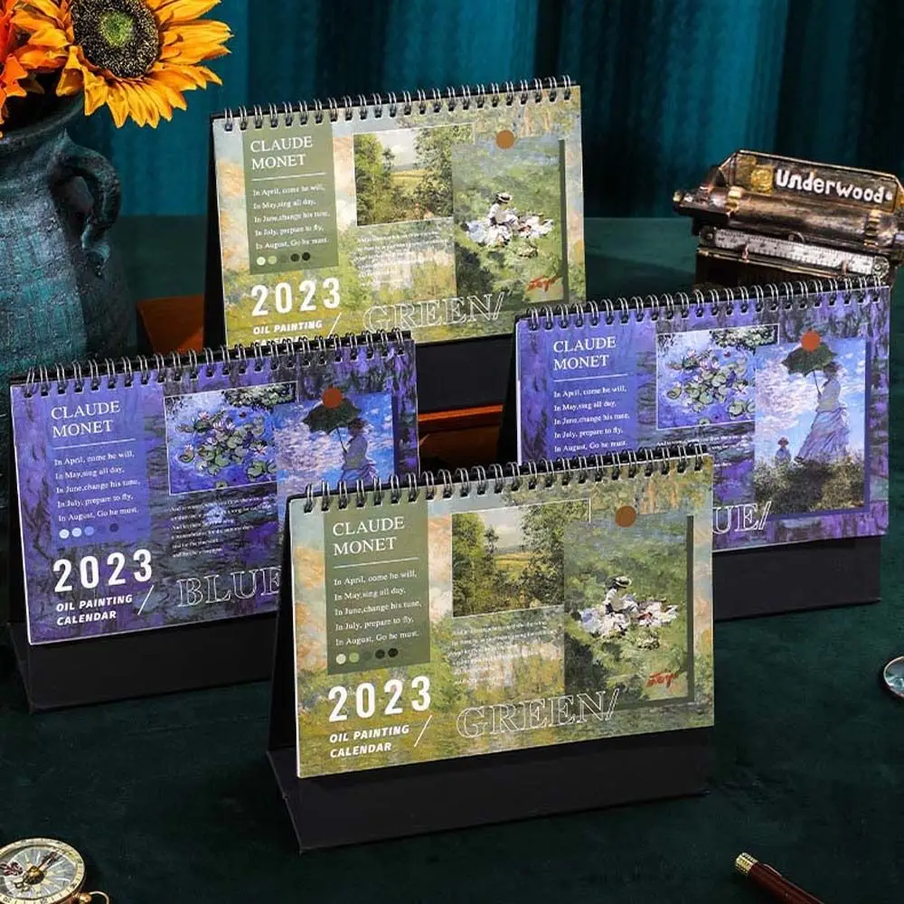 

Simple 2023 Calendar Creative Oil Painting Cover Desk Calendar Delicate Standing Flip Calendar For Home