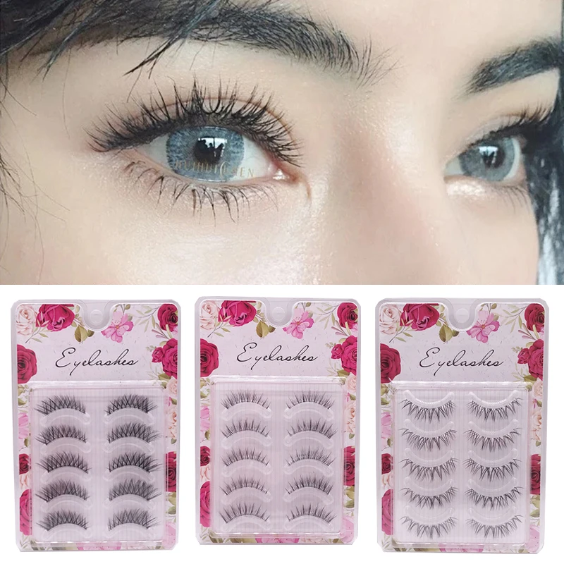 

5 Pairs False Eyelashes Cross Curling Natural Lash Extension Wispies Fluffy Mink Hair Eyelashes Daily Eye Makeup Beauty Supplies