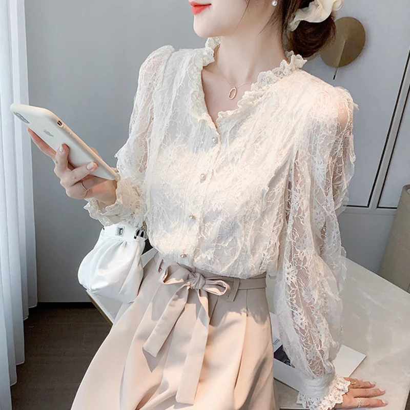 

Spring Autumn Women's Elegant Fashion Ruffles Lace Shirt Ladies Long Sleeve Loose Casual All-match Blouse Female Cardigan Top