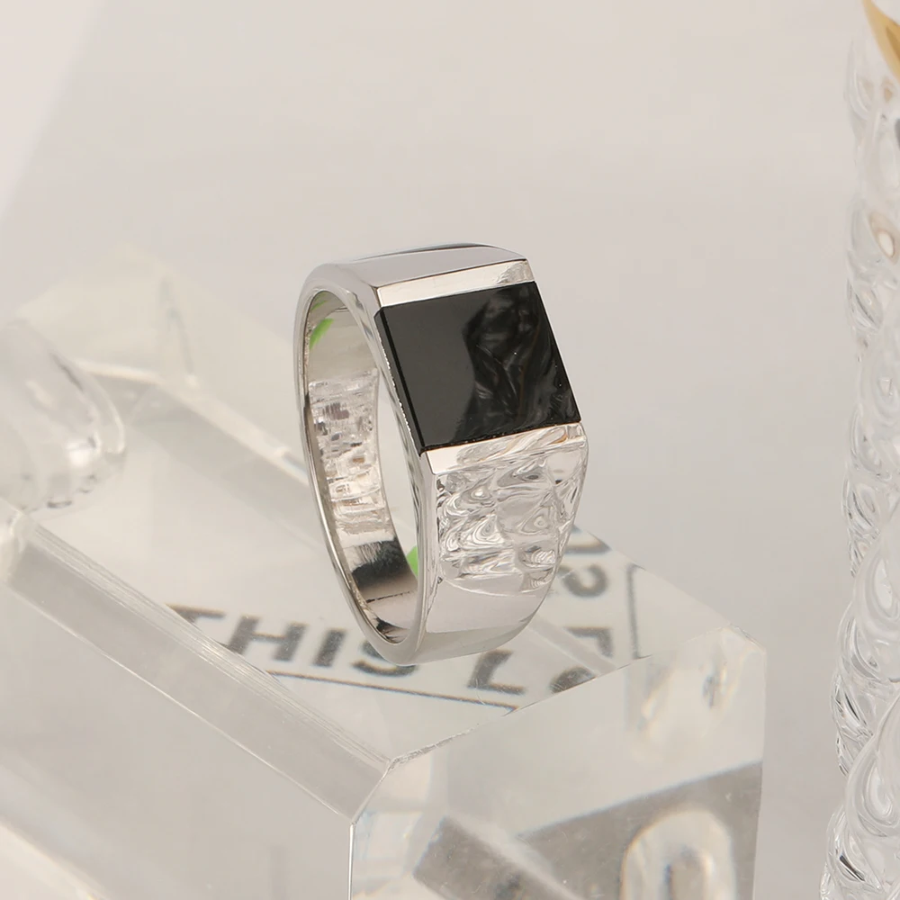

New Arrival Rectangular Black Stone Epoxy Indian Style Top Quality Silvercolor 3L Stainless Steel Jewelry Trendy Rings
