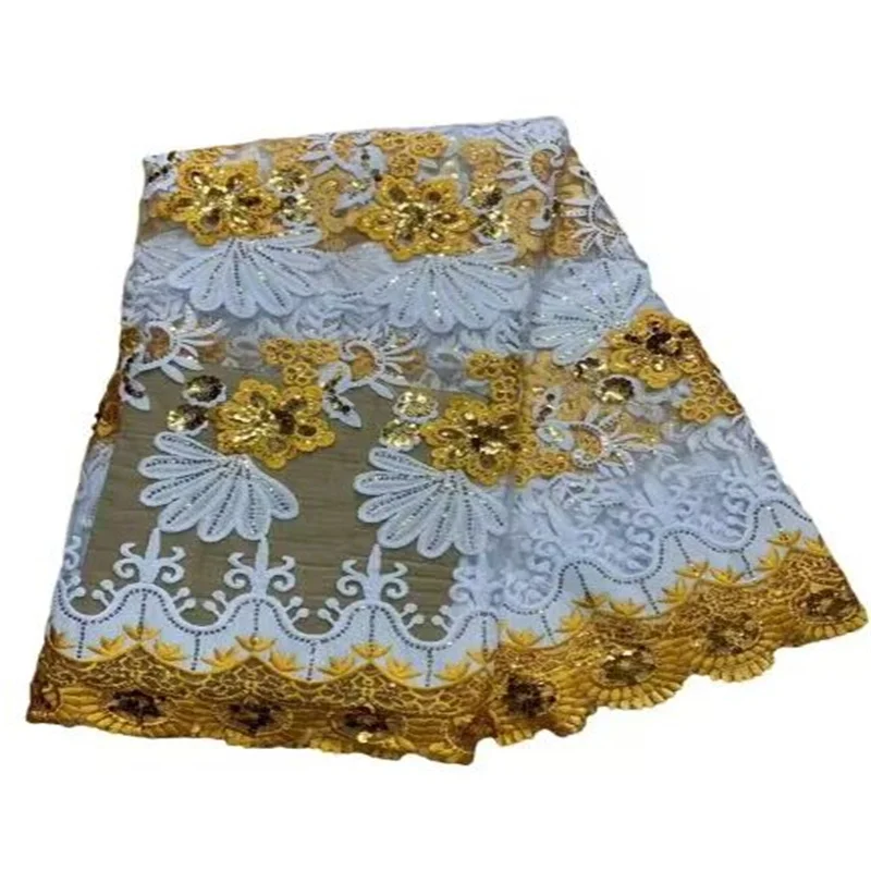 

Африканская кружевная ткань с блестками, желтая/белая/Золотая, Высококачественная вышивка, французская блестящая ткань для свадебного платья