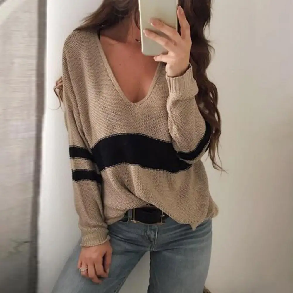 

Women Knitted Top V Neck Long Full Sleeve Loose Fit Streetwear Casual Striped Patchwork Women Sweater for Daily Wear