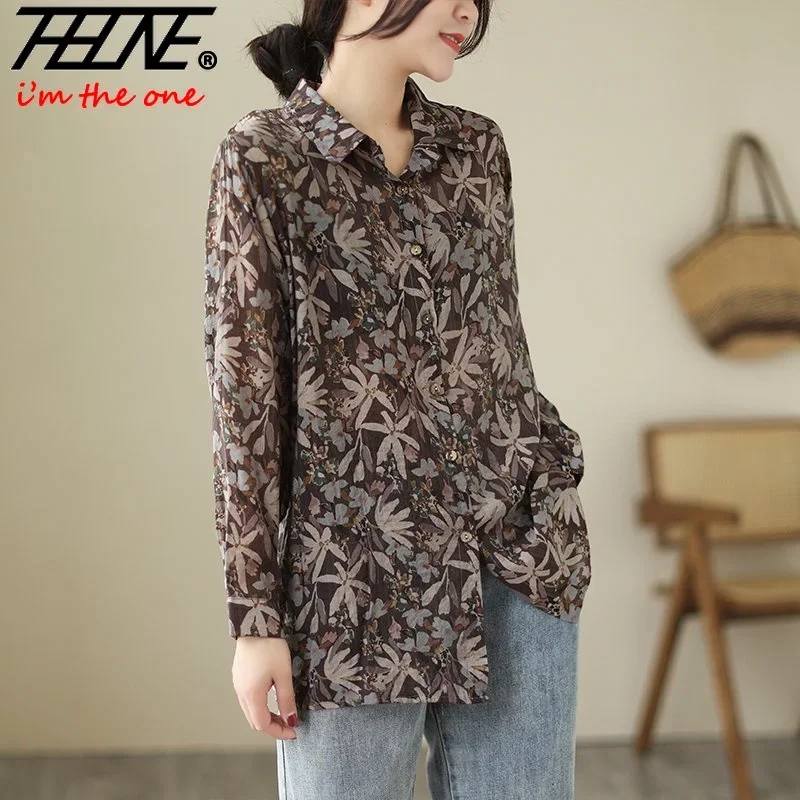 Блузка женская с длинным рукавом из хлопка и льна