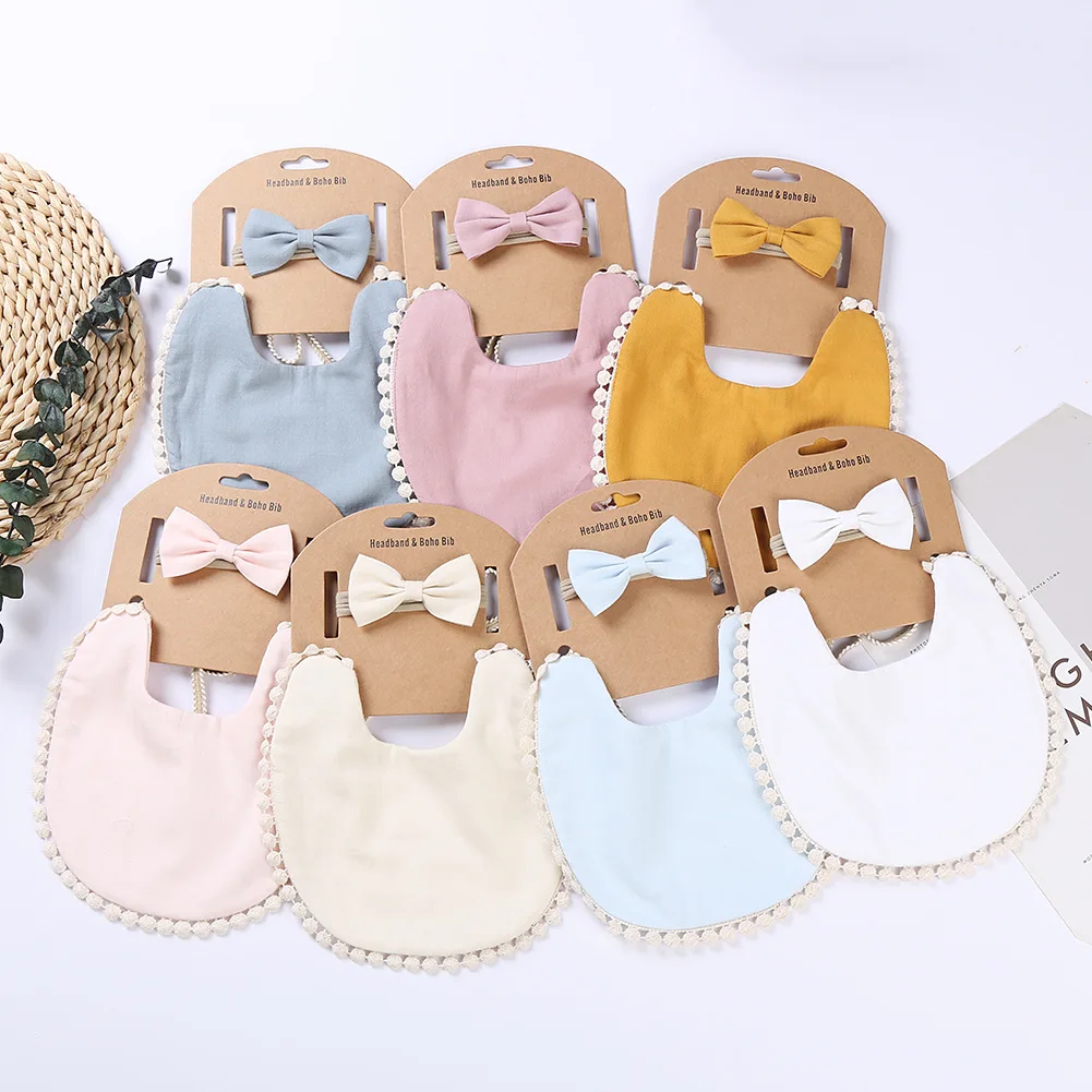 

New Baby Plain Lace Saliva Towel Anti-spit Milk Bib Burp Cloth Lunch Feeding Stuff Children's Headband Set وشاح