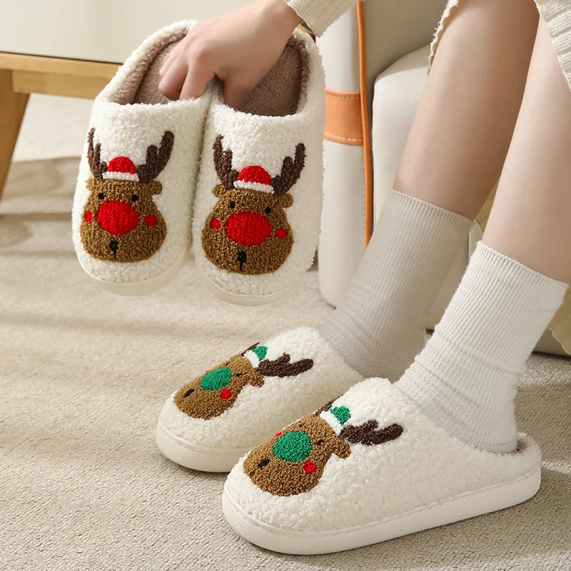

2023Women Winter Cartoon Graphic Bedroom Slippers Women Corduroy Warm Winter Christmas Elk Indoor Flat Heels Soft Plush Slippers