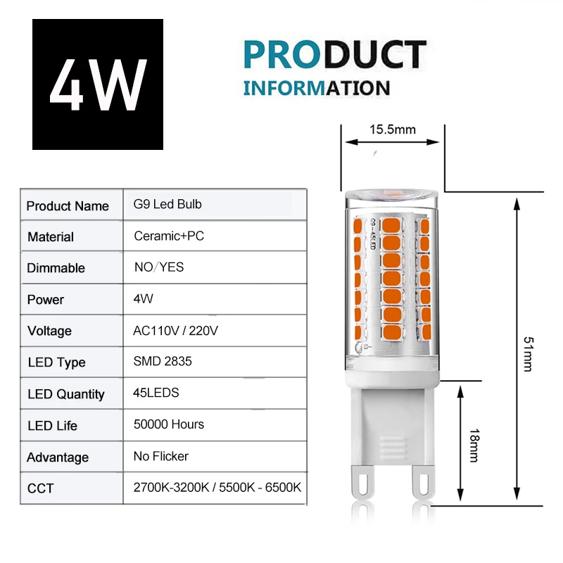 Приглушаемая светодиодная лампочка G9 220 В переменного тока 45 светодиодный одов 3