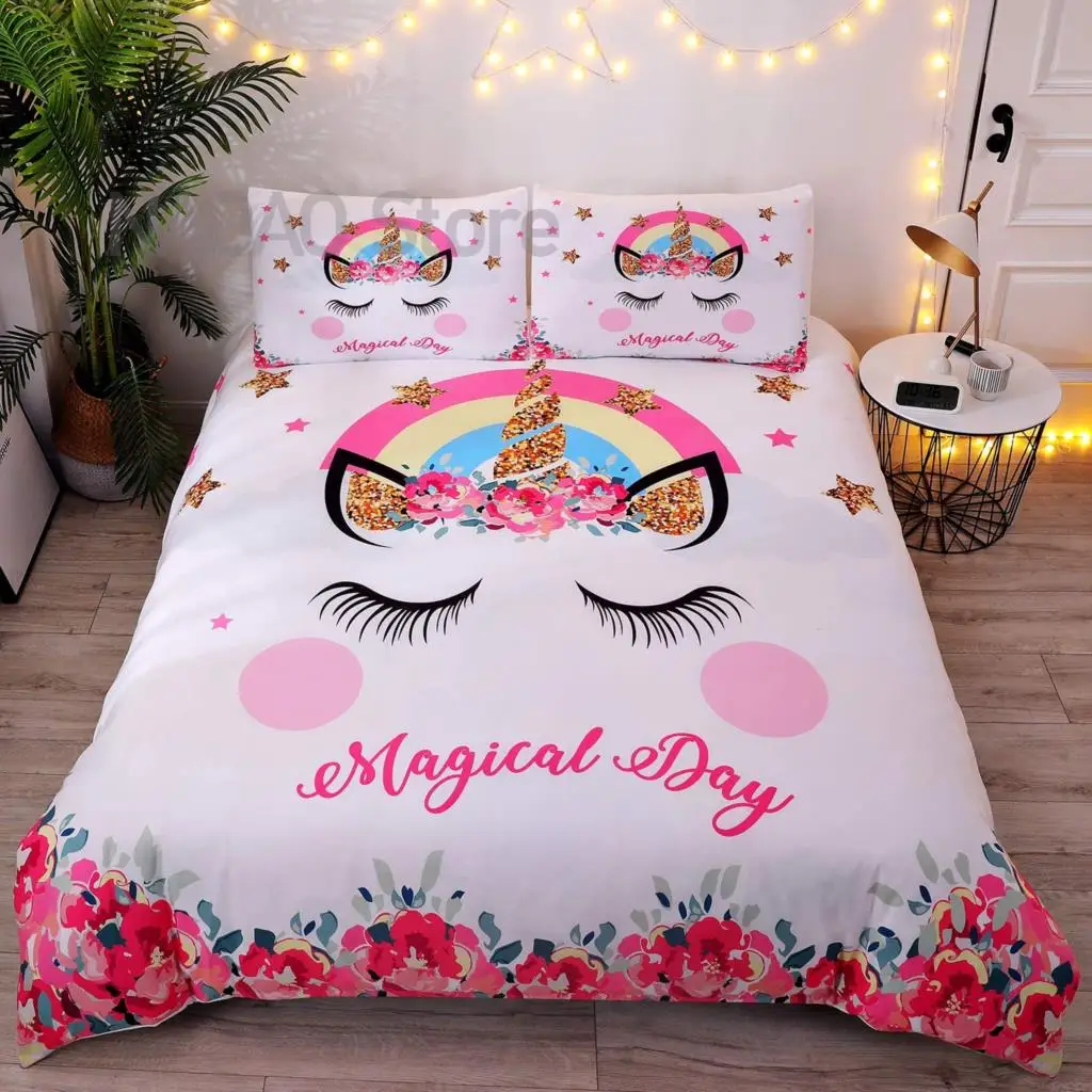 

Cute Flower Unicorn Kids Bedding Set White Pink Golden Ears Unicorn 2/3 Pieces Duvet Cover Sets Gifts for Teens and Girls