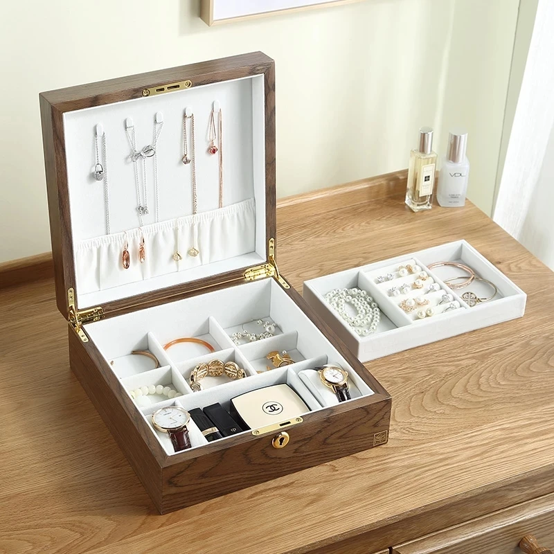 

Luxury Wooden Jewelry Display Box Organizer Women Large Ring Necklace Earrings Jewellery Storage Case Gift Casket with Lock