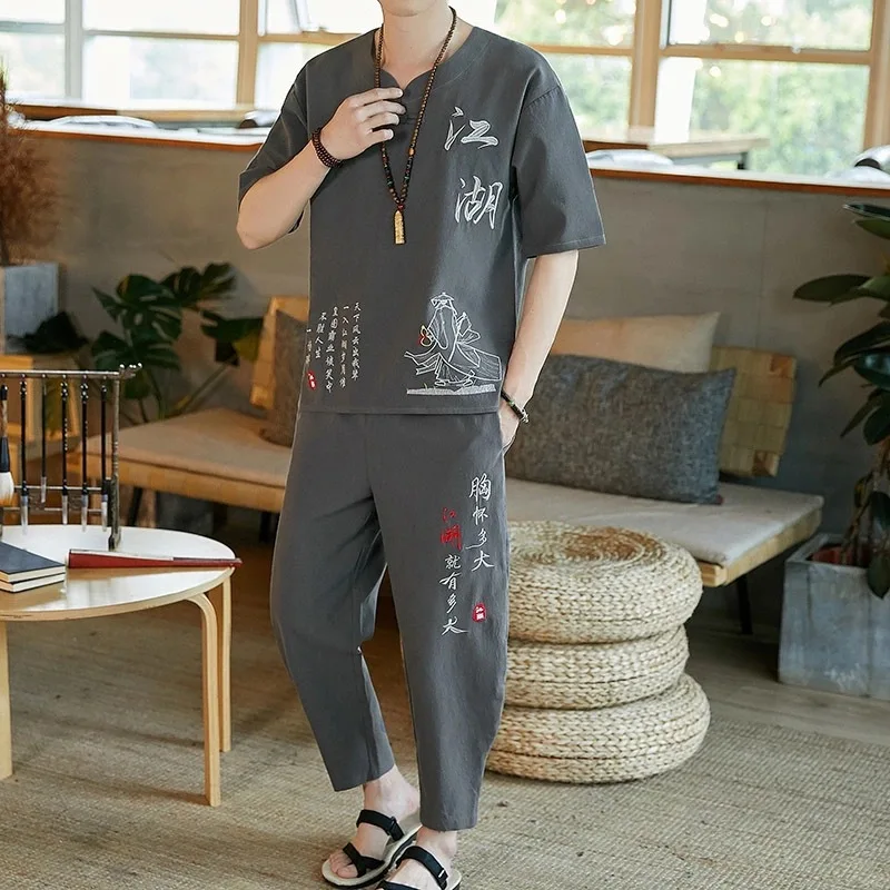 

Летний Традиционный китайский льняной костюм Yourqipao с вышивкой Тан, мужская хлопковая льняная футболка ручной работы