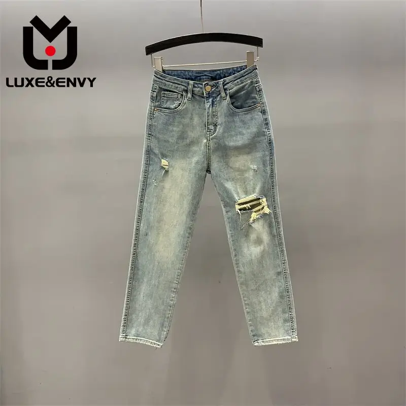 

LUXE&ENVY European Distressed Denim Pipe Pants For Women's 2023 Summer New Small, High Waisted, And Slim Cropped Straight Pants