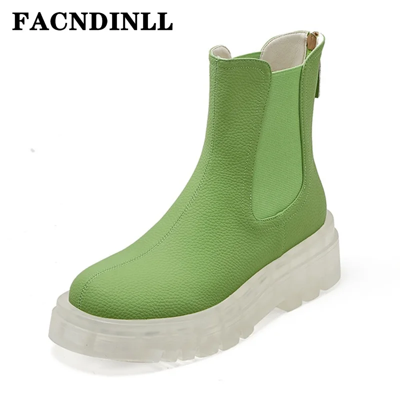 

2022 Fall Winter Shoes Women Genuine Leather Ankle Boots Round Toe Thick Heel Shoes Solid Chelsea Boots Casual Women Boots Beige