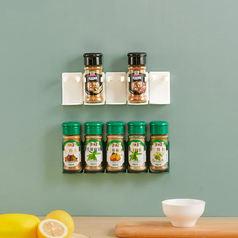 

Spice Bottle Rack Kitchen Storage Wall Mount Ingredient Plastic Adhesive Clip Cabinet Organizer Door Hooks Jar Holder Tool