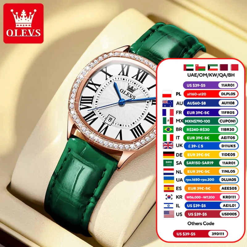 OLEVS женские часы кварцевые для женщин зеленые кожаные наручные с римскими